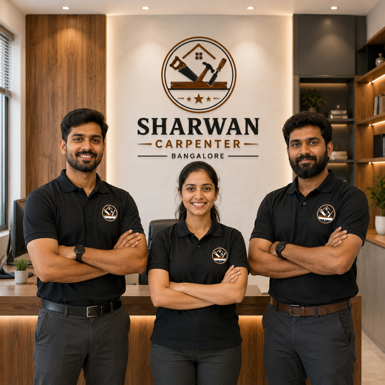 Sharwan Carpenter badge on a wood plank